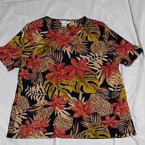 Allison Daley Rust & Tan On Black Canvas Floral Short Sleeve Top Sz L